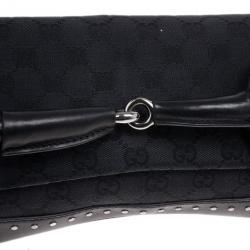 Pre Owned Gucci Black Monogram Canvas Horsebit Flap Clutch