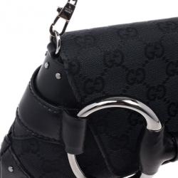 Pre Owned Gucci Black Monogram Canvas Horsebit Flap Clutch
