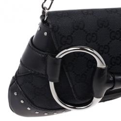 Pre Owned Gucci Black Monogram Canvas Horsebit Flap Clutch
