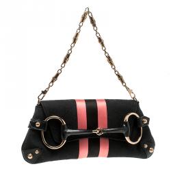 مملوكة مسبقًا Gucci Black/Pink GG Canvas and Satin Small Limited Edition Tom Ford Horsebit Web Chain Clutch