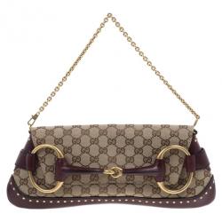 مملوكة مسبقًا Gucci Beige and Burgundy Canvas Monogram Horsebit Flap Clutch
