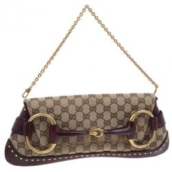 مملوكة مسبقًا Gucci Beige and Burgundy Canvas Monogram Horsebit Flap Clutch