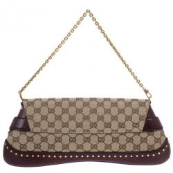 مملوكة مسبقًا Gucci Beige and Burgundy Canvas Monogram Horsebit Flap Clutch