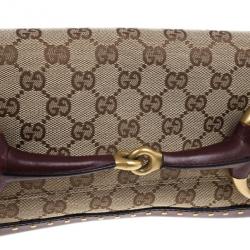مملوكة مسبقًا Gucci Beige and Burgundy Canvas Monogram Horsebit Flap Clutch