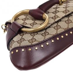 مملوكة مسبقًا Gucci Beige and Burgundy Canvas Monogram Horsebit Flap Clutch