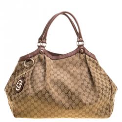 Pre Owned Gucci Beige/Brown GG Canvas and Leather Large Sukey Tote