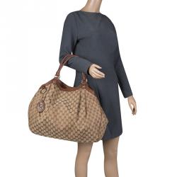 Pre Owned Gucci Beige/Brown GG Canvas and Leather Large Sukey Tote