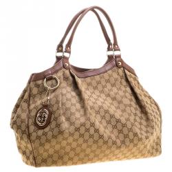 Pre Owned Gucci Beige/Brown GG Canvas and Leather Large Sukey Tote