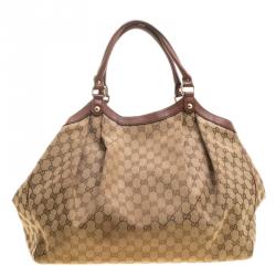 Pre Owned Gucci Beige/Brown GG Canvas and Leather Large Sukey Tote
