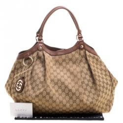 Pre Owned Gucci Beige/Brown GG Canvas and Leather Large Sukey Tote