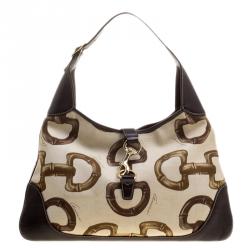 Pre Owned Gucci Beige/Brown Horsebit Printed Canvas and Leather Amalfi Hobo