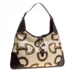 Pre Owned Gucci Beige/Brown Horsebit Printed Canvas and Leather Amalfi Hobo