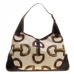 Pre Owned Gucci Beige/Brown Horsebit Printed Canvas and Leather Amalfi Hobo