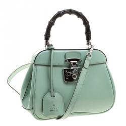 Pre Owned Gucci Mint Green Patent Leather Mini Lady Lock Bamboo Top Handle Bag