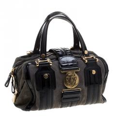 Pre Owned Gucci Black/Khaki Patent Leather and Suede Aviatrix Boston Bag