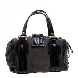 Pre Owned Gucci Black/Khaki Patent Leather and Suede Aviatrix Boston Bag