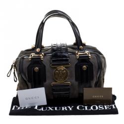 Pre Owned Gucci Black/Khaki Patent Leather and Suede Aviatrix Boston Bag