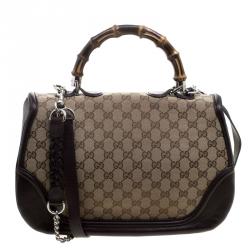 Pre Owned Gucci Brown Canvas Leather Large New Bamboo Tassel Top Handle Bag