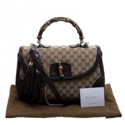 Pre Owned Gucci Brown Canvas Leather Large New Bamboo Tassel Top Handle Bag