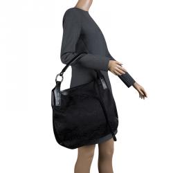 Pre Owned Gucci Black Horsebit Print Canvas Hobo