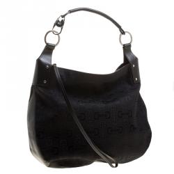 Pre Owned Gucci Black Horsebit Print Canvas Hobo