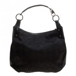 Pre Owned Gucci Black Horsebit Print Canvas Hobo