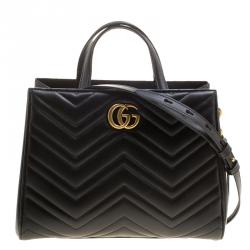 Pre Owned Gucci Black Matelasse Leather Small GG Marmont Top Handle Bag