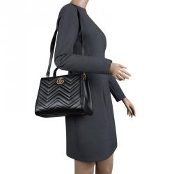 Pre Owned Gucci Black Matelasse Leather Small GG Marmont Top Handle Bag