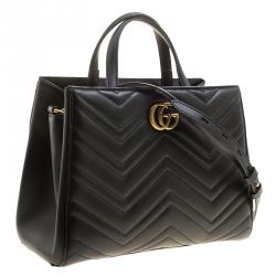 Pre Owned Gucci Black Matelasse Leather Small GG Marmont Top Handle Bag