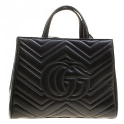Pre Owned Gucci Black Matelasse Leather Small GG Marmont Top Handle Bag