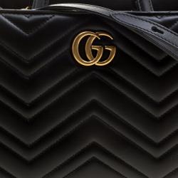 Pre Owned Gucci Black Matelasse Leather Small GG Marmont Top Handle Bag