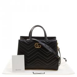 Pre Owned Gucci Black Matelasse Leather Small GG Marmont Top Handle Bag
