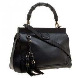 Pre Owned Gucci Black Leather Bold Bamboo Top Handle Bag