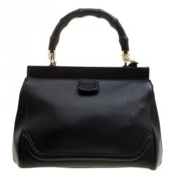 Pre Owned Gucci Black Leather Bold Bamboo Top Handle Bag