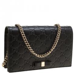 Gucci Black Guccissima Leather Mini Signature Wallet on Chain 