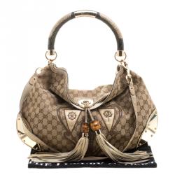 Pre Owned Gucci Beige GG Canvas Limited Edition Crest Patchwork Indy Top Handle Bag