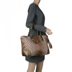 Pre Owned Gucci Beige/Bronze GG Canvas and Leather Medium Charms Embellished Heart Bit Tote