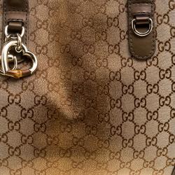 Pre Owned Gucci Beige/Bronze GG Canvas and Leather Medium Charms Embellished Heart Bit Tote