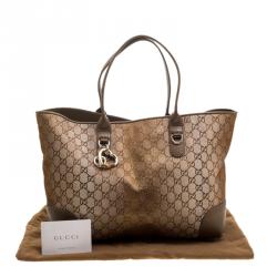 Pre Owned Gucci Beige/Bronze GG Canvas and Leather Medium Charms Embellished Heart Bit Tote