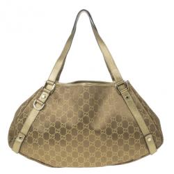 مملوكة مسبقًا Gucci Gold Metallic Monogram Abbey D-Ring Tote
