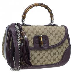 Pre Owned Gucci Burgundy Canvas and Leather Trim Borsa Bamboo Top Handle