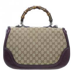 Pre Owned Gucci Burgundy Canvas and Leather Trim Borsa Bamboo Top Handle