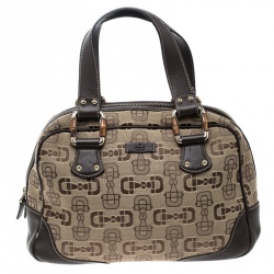 مملوكة مسبقًا حقيبة غوتشي بوسطن جلد وكانفاس هورسبيت بنية/ بيج