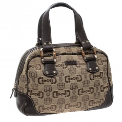 مملوكة مسبقًا حقيبة غوتشي بوسطن جلد وكانفاس هورسبيت بنية/ بيج