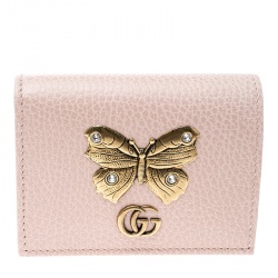 GUCCI Butterfly Leather Card Case Wallet Pink 499361-US