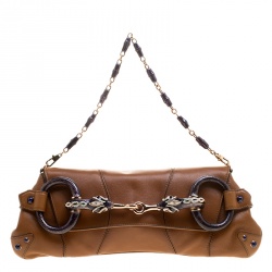 مملوكة مسبقًا Gucci Cognac Leather Limited Edition Tom Ford Snake Horsebit Web Chain Clutch