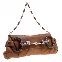 مملوكة مسبقًا Gucci Cognac Leather Limited Edition Tom Ford Snake Horsebit Web Chain Clutch