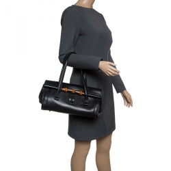 Pre Owned Gucci Black Leather Bamboo Bullet Satchel