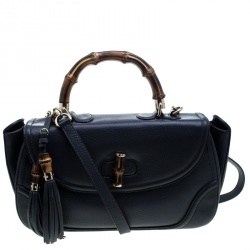 Gucci Navy Blue Leather Large New Bamboo Tassel Top Handle Bag