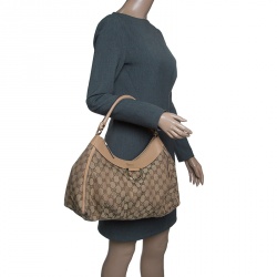 Pre Owned حقيبة غوتشي حلقة G ذهبية كانفاس GGبيج